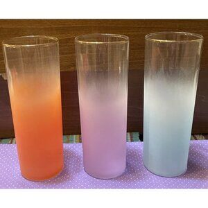 Vintage Blendo Glasses Gold Trim Frosted Set Of 3 Orange Purple Blue‎ MCM Boho